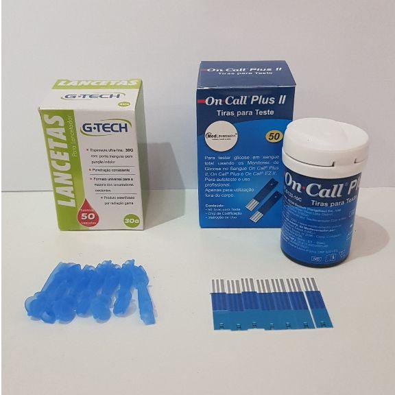 50 Fitas Tiras On Call Plus 2 e 50 Lancetas G Tech 30 G - On Call